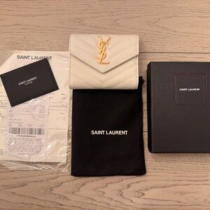 YSL Cassandre Matelasse Small Envelope Wallet in Grain de Poudre Leather W/ Gold